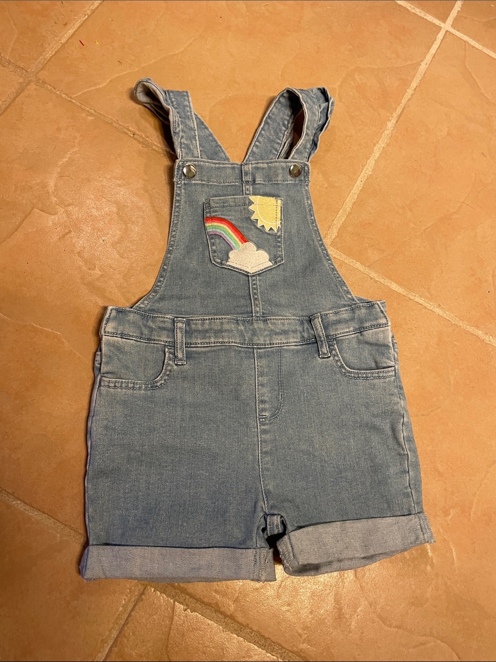 Children's Light Blue Denim Short Overalls with Rainbow Patch